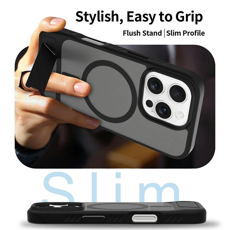 For iPhone 16 Pro Max Magnetic Case Kickstand PC + TPU Skin Touch Phone Cover - Black