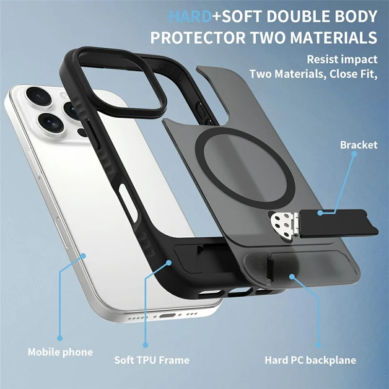 For iPhone 16 Pro Max Magnetic Case Kickstand PC + TPU Skin Touch Phone Cover - Black