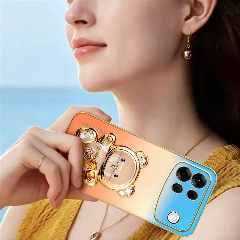 SINGIUZOO for Oppo A7 Pro Max 5G Case Glitter Bear Kickstand Electroplated Gradient Color PC + TPU Phone Cover - Orange