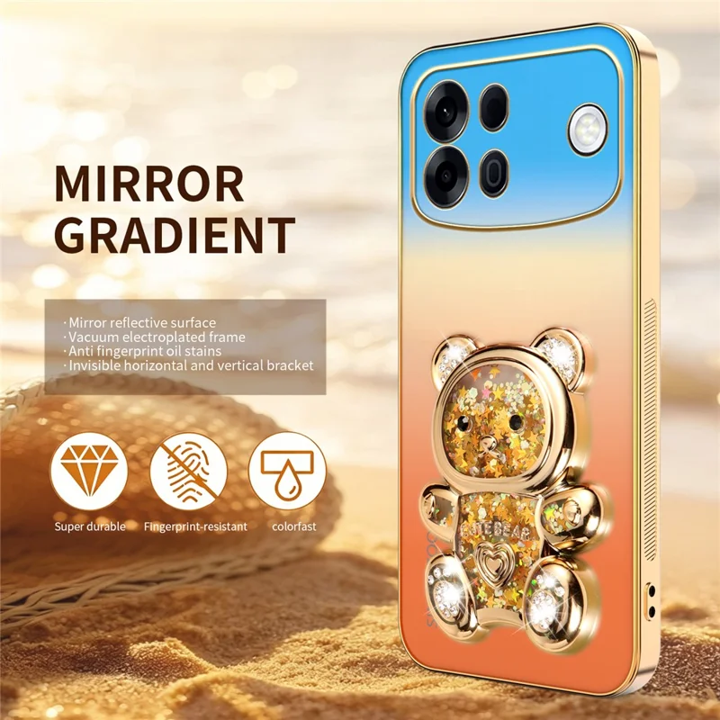 SINGIUZOO for Oppo A7 Pro Max 5G Case Glitter Bear Kickstand Electroplated Gradient Color PC + TPU Phone Cover - Orange