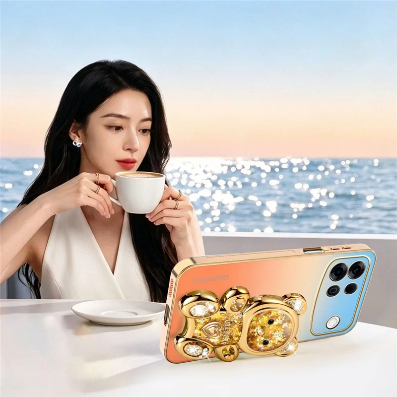 SINGIUZOO for Oppo A7 Pro Max 5G Case Glitter Bear Kickstand Electroplated Gradient Color PC + TPU Phone Cover - Orange