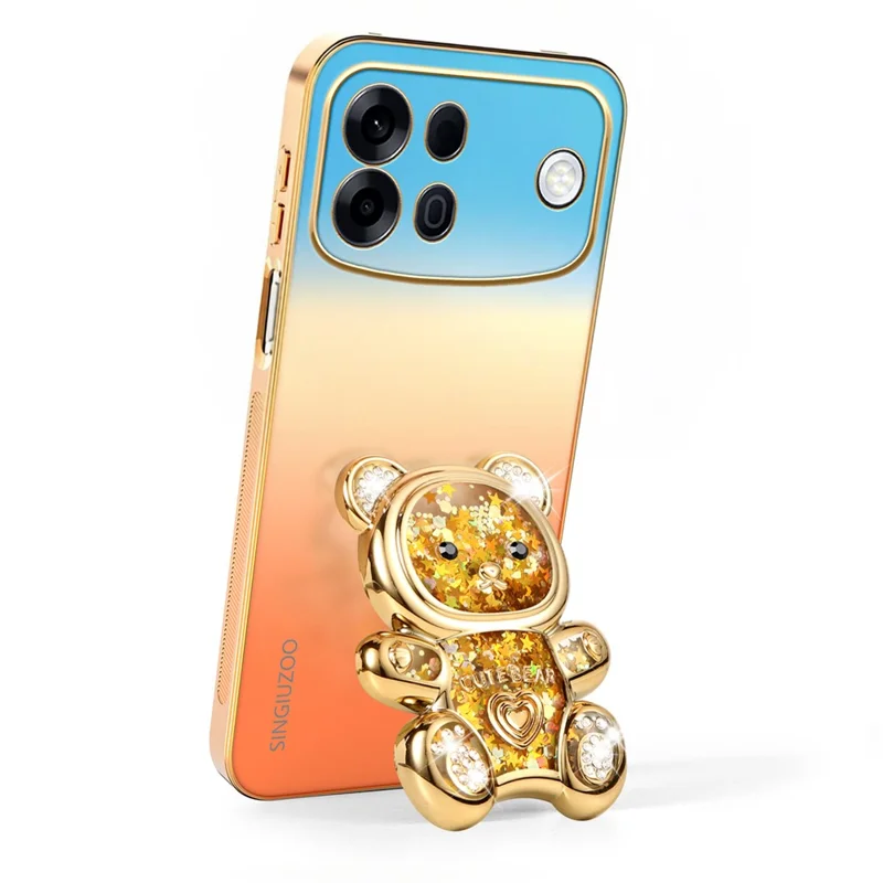 SINGIUZOO for Oppo A7 Pro Max 5G Case Glitter Bear Kickstand Electroplated Gradient Color PC + TPU Phone Cover - Orange