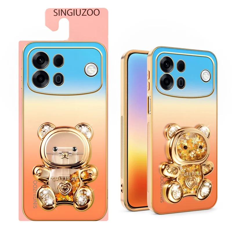 SINGIUZOO for Oppo A7 Pro Max 5G Case Glitter Bear Kickstand Electroplated Gradient Color PC + TPU Phone Cover - Orange