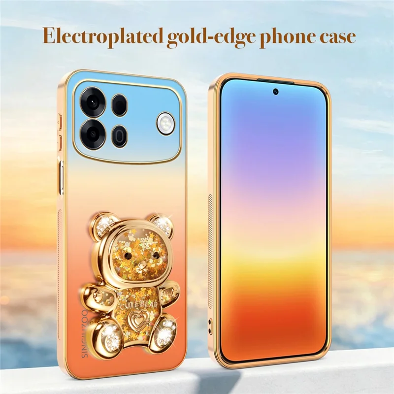 SINGIUZOO for Oppo A7 Pro Max 5G Case Glitter Bear Kickstand Electroplated Gradient Color PC + TPU Phone Cover - Orange