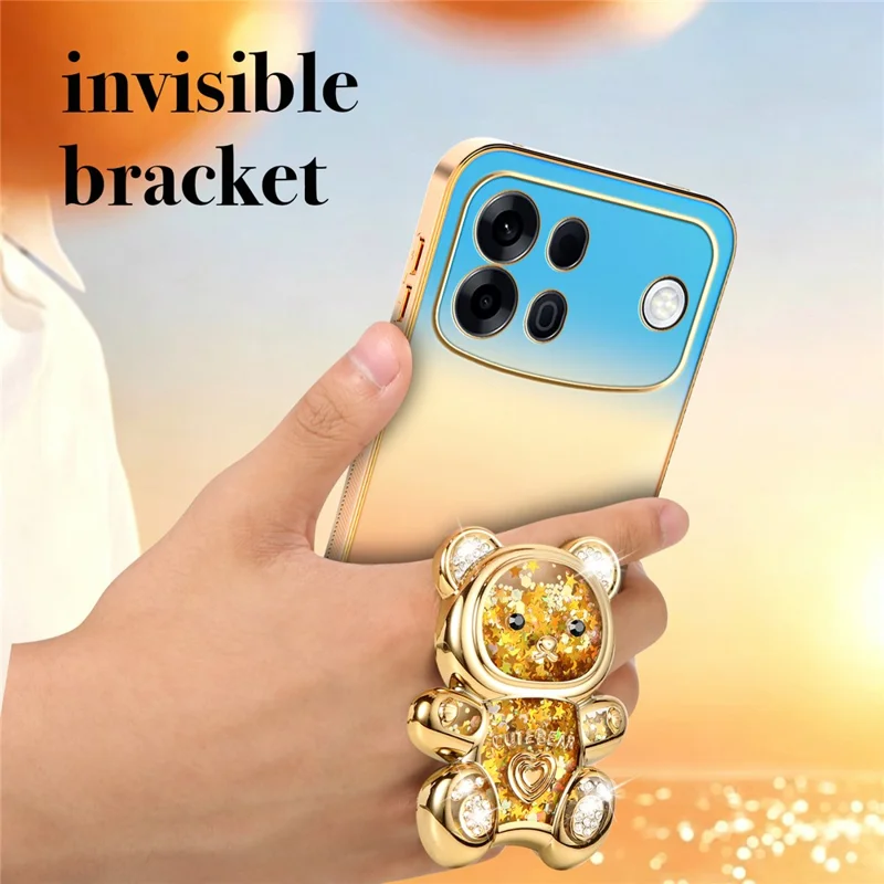 SINGIUZOO for Oppo A7 Pro Max 5G Case Glitter Bear Kickstand Electroplated Gradient Color PC + TPU Phone Cover - Orange