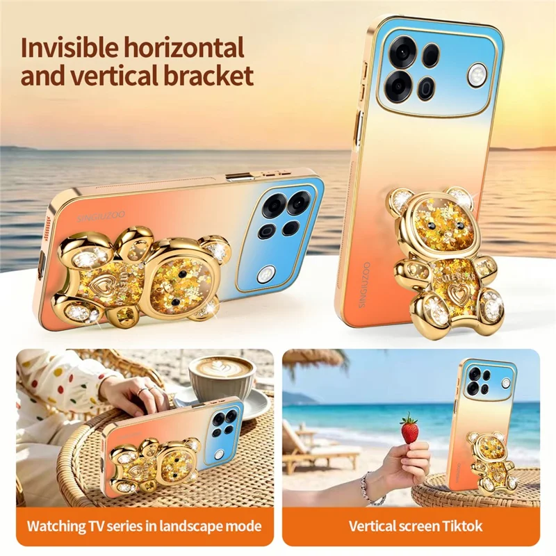 SINGIUZOO for Oppo A7 Pro Max 5G Case Glitter Bear Kickstand Electroplated Gradient Color PC + TPU Phone Cover - Orange