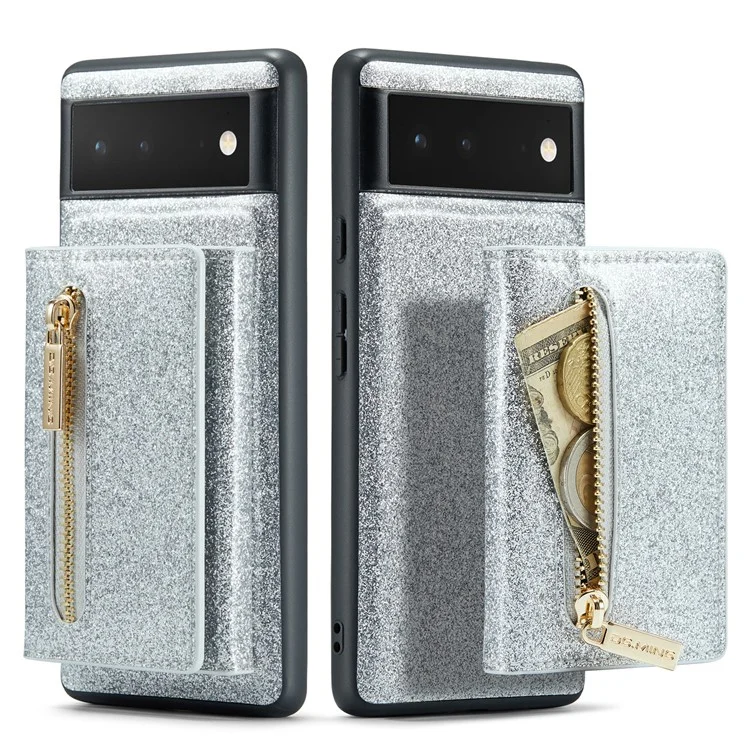 DG.MING M3-Serie für Google Pixel 6 2-in-1 glitzernde PU-Leder-beschichtete PC+TPU-Rückenschale Magnetisch abnehmbare Reißverschluss-Geldbörse Fallschutz-Handyhülle mit Ständer - Silber