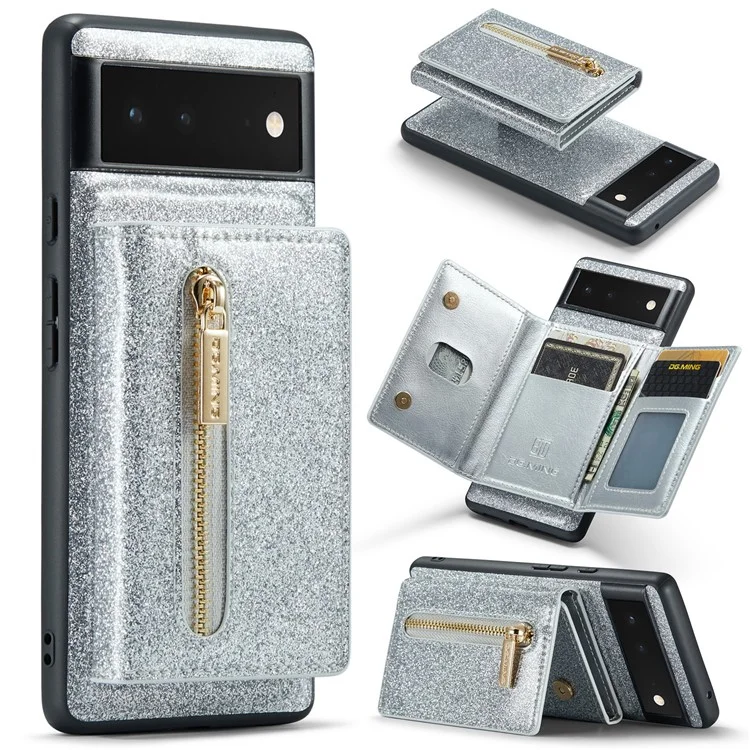 DG.MING M3-Serie für Google Pixel 6 2-in-1 glitzernde PU-Leder-beschichtete PC+TPU-Rückenschale Magnetisch abnehmbare Reißverschluss-Geldbörse Fallschutz-Handyhülle mit Ständer - Silber
