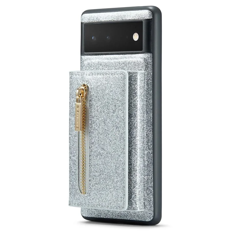 DG.MING M3-Serie für Google Pixel 6 2-in-1 glitzernde PU-Leder-beschichtete PC+TPU-Rückenschale Magnetisch abnehmbare Reißverschluss-Geldbörse Fallschutz-Handyhülle mit Ständer - Silber