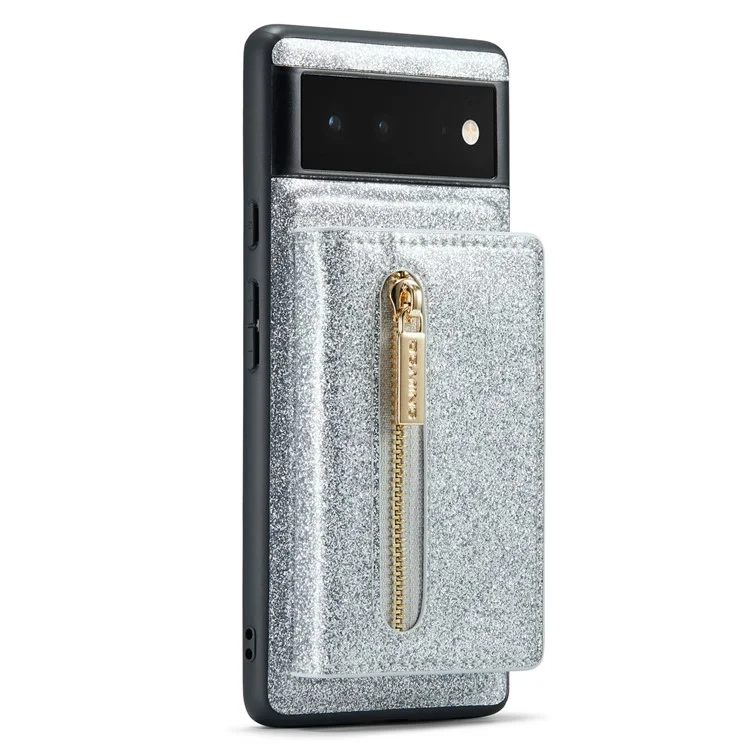 DG.MING M3-Serie für Google Pixel 6 2-in-1 glitzernde PU-Leder-beschichtete PC+TPU-Rückenschale Magnetisch abnehmbare Reißverschluss-Geldbörse Fallschutz-Handyhülle mit Ständer - Silber