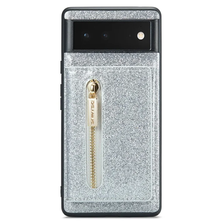 DG.MING M3-Serie für Google Pixel 6 2-in-1 glitzernde PU-Leder-beschichtete PC+TPU-Rückenschale Magnetisch abnehmbare Reißverschluss-Geldbörse Fallschutz-Handyhülle mit Ständer - Silber
