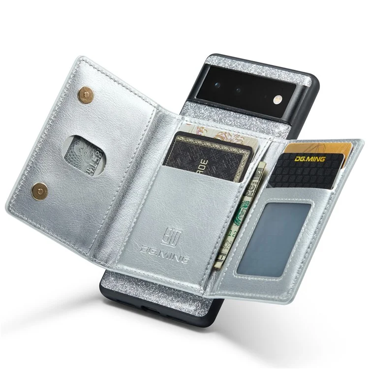 DG.MING M3-Serie für Google Pixel 6 2-in-1 glitzernde PU-Leder-beschichtete PC+TPU-Rückenschale Magnetisch abnehmbare Reißverschluss-Geldbörse Fallschutz-Handyhülle mit Ständer - Silber
