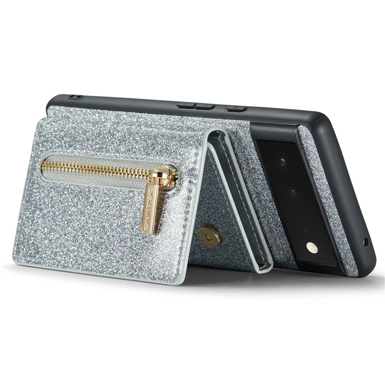 DG.MING M3-Serie für Google Pixel 6 2-in-1 glitzernde PU-Leder-beschichtete PC+TPU-Rückenschale Magnetisch abnehmbare Reißverschluss-Geldbörse Fallschutz-Handyhülle mit Ständer - Silber