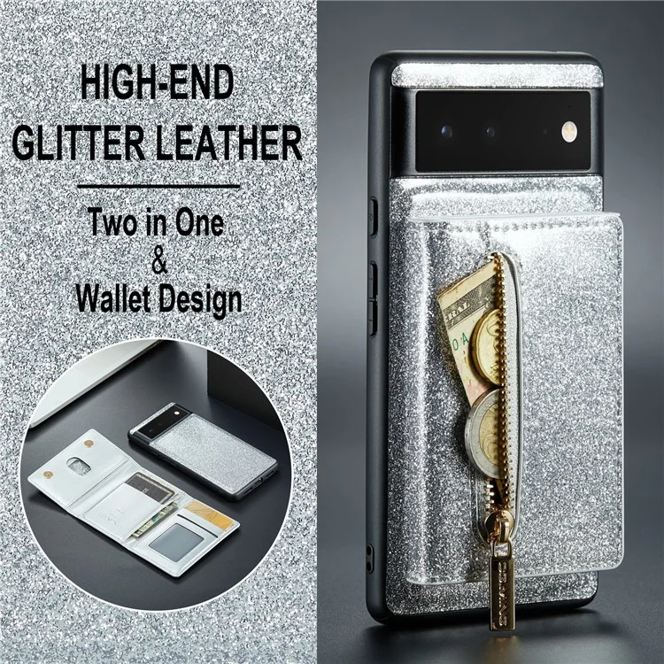 DG.MING M3-Serie für Google Pixel 6 2-in-1 glitzernde PU-Leder-beschichtete PC+TPU-Rückenschale Magnetisch abnehmbare Reißverschluss-Geldbörse Fallschutz-Handyhülle mit Ständer - Silber