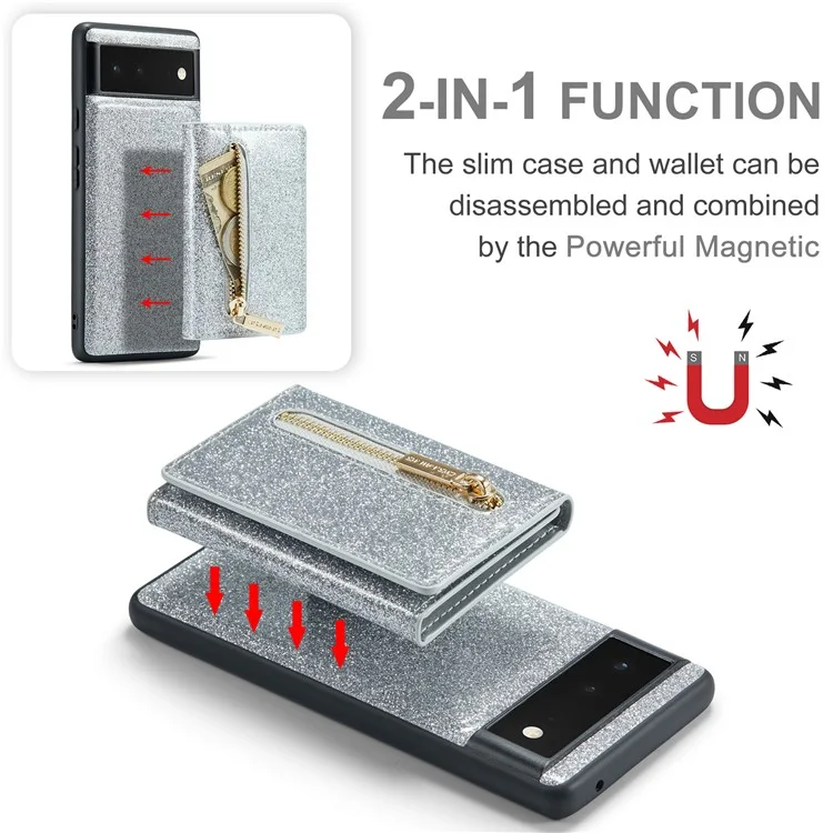 DG.MING M3-Serie für Google Pixel 6 2-in-1 glitzernde PU-Leder-beschichtete PC+TPU-Rückenschale Magnetisch abnehmbare Reißverschluss-Geldbörse Fallschutz-Handyhülle mit Ständer - Silber