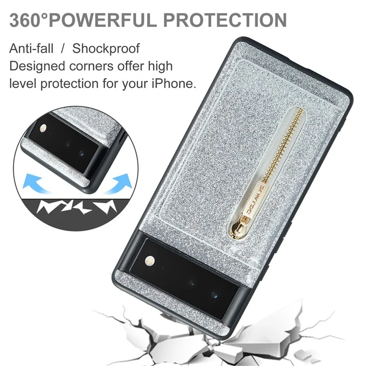 DG.MING M3-Serie für Google Pixel 6 2-in-1 glitzernde PU-Leder-beschichtete PC+TPU-Rückenschale Magnetisch abnehmbare Reißverschluss-Geldbörse Fallschutz-Handyhülle mit Ständer - Silber