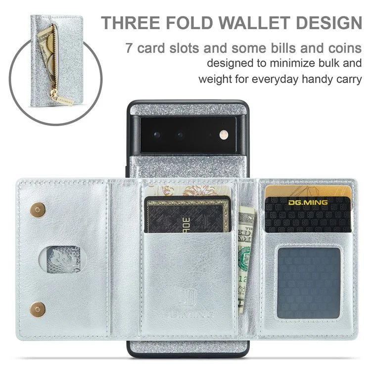 DG.MING M3-Serie für Google Pixel 6 2-in-1 glitzernde PU-Leder-beschichtete PC+TPU-Rückenschale Magnetisch abnehmbare Reißverschluss-Geldbörse Fallschutz-Handyhülle mit Ständer - Silber