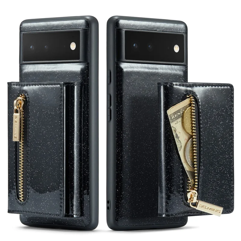 DG.MING M3 Series For Google Pixel 6 2-in-1 Glittery PU Leather Coated PC+TPU Back Case Magnetic Detachable Zipper Wallet Drop Protection Phone Cover with Kickstand - Black