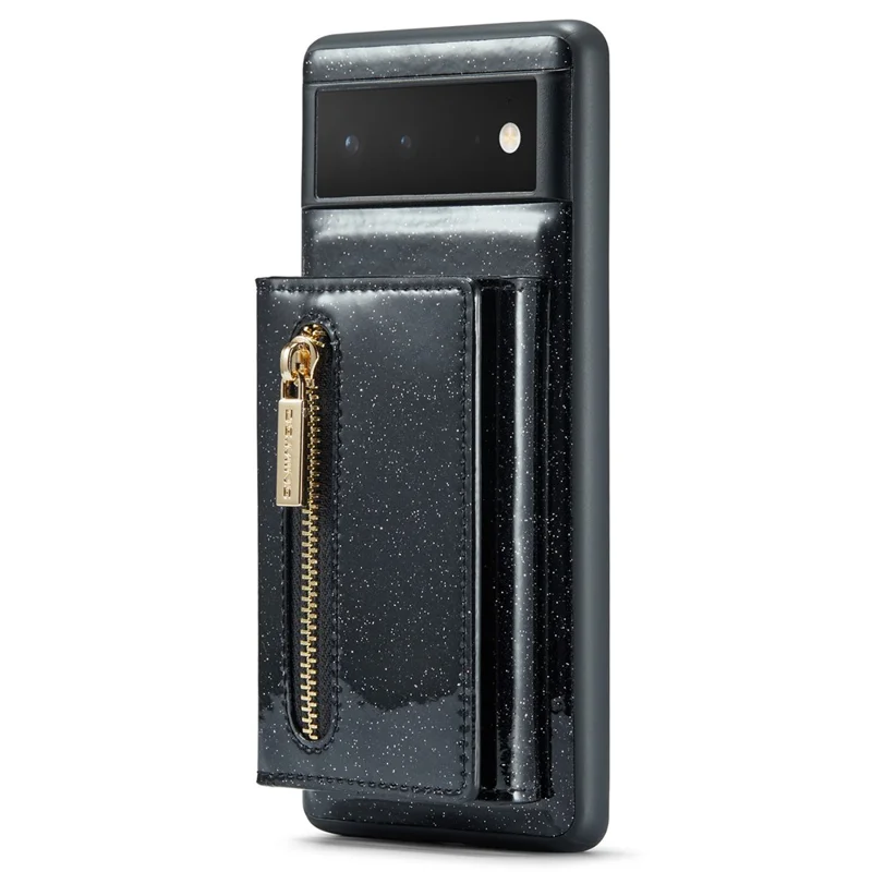 DG.MING M3 Series For Google Pixel 6 2-in-1 Glittery PU Leather Coated PC+TPU Back Case Magnetic Detachable Zipper Wallet Drop Protection Phone Cover with Kickstand - Black