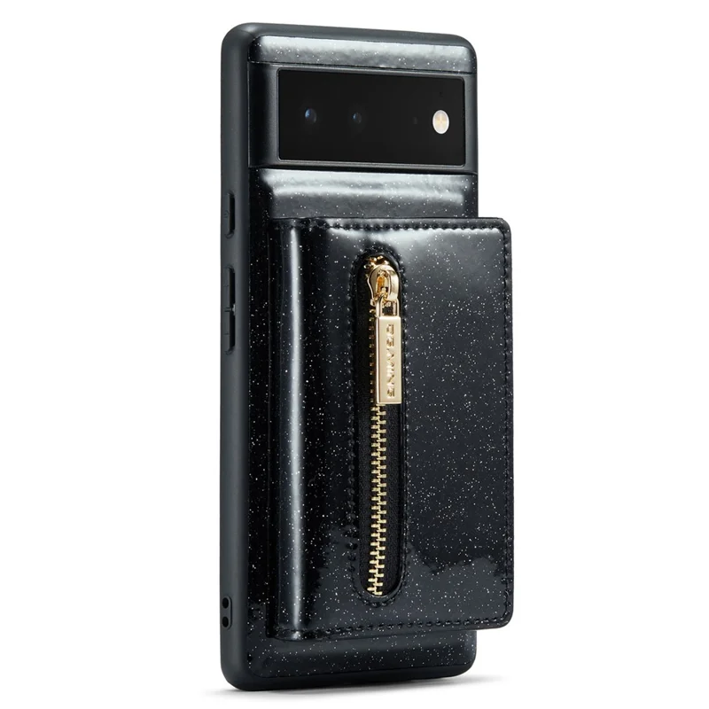 DG.MING M3 Series For Google Pixel 6 2-in-1 Glittery PU Leather Coated PC+TPU Back Case Magnetic Detachable Zipper Wallet Drop Protection Phone Cover with Kickstand - Black