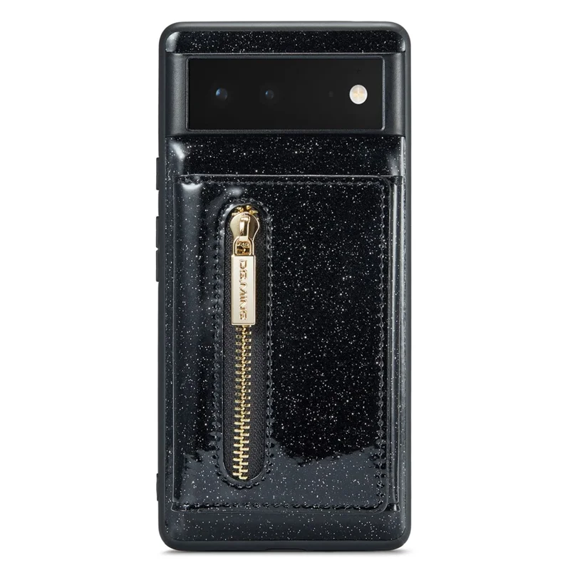 DG.MING M3 Series For Google Pixel 6 2-in-1 Glittery PU Leather Coated PC+TPU Back Case Magnetic Detachable Zipper Wallet Drop Protection Phone Cover with Kickstand - Black