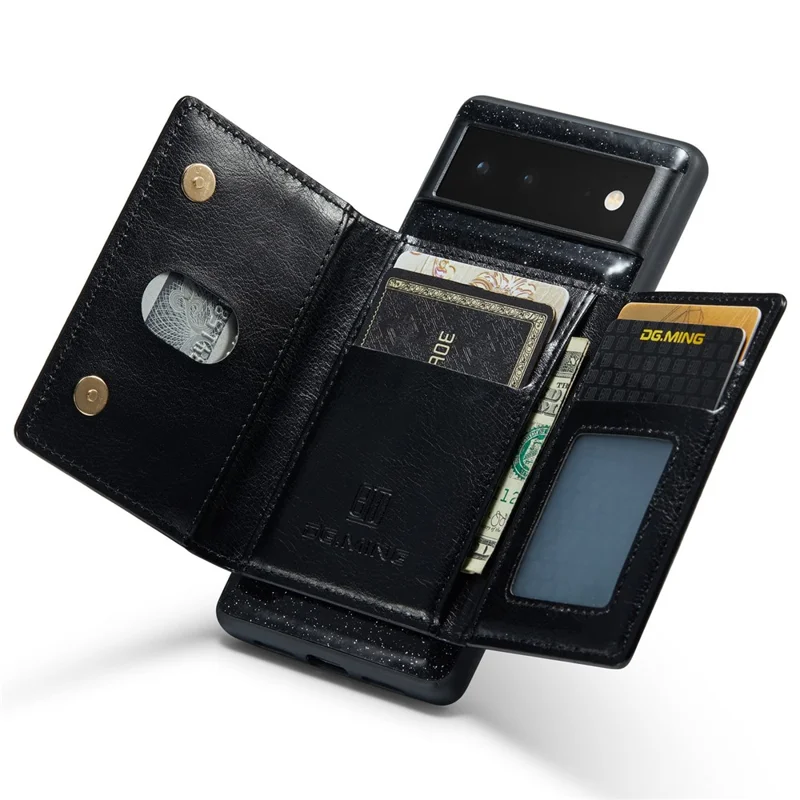DG.MING M3 Series For Google Pixel 6 2-in-1 Glittery PU Leather Coated PC+TPU Back Case Magnetic Detachable Zipper Wallet Drop Protection Phone Cover with Kickstand - Black