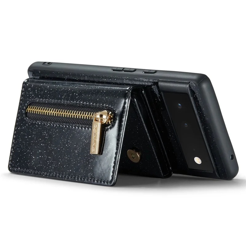 DG.MING M3 Series For Google Pixel 6 2-in-1 Glittery PU Leather Coated PC+TPU Back Case Magnetic Detachable Zipper Wallet Drop Protection Phone Cover with Kickstand - Black