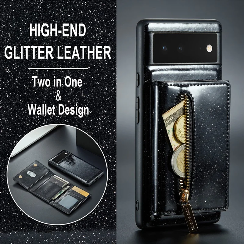 DG.MING M3 Series For Google Pixel 6 2-in-1 Glittery PU Leather Coated PC+TPU Back Case Magnetic Detachable Zipper Wallet Drop Protection Phone Cover with Kickstand - Black