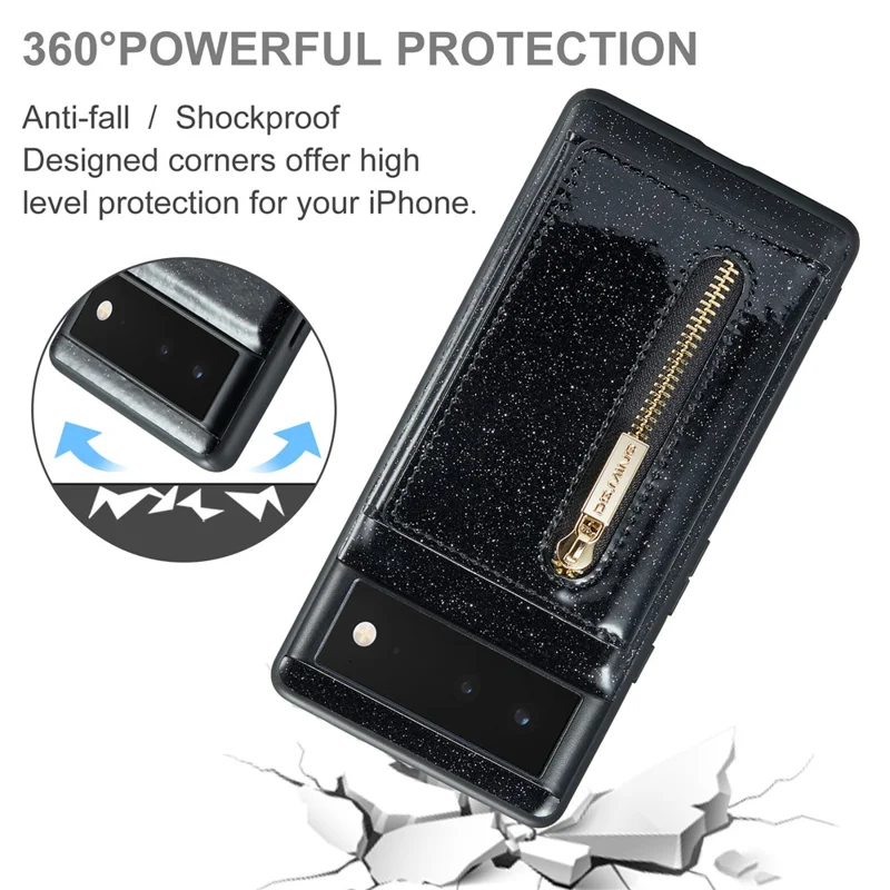 DG.MING M3 Series For Google Pixel 6 2-in-1 Glittery PU Leather Coated PC+TPU Back Case Magnetic Detachable Zipper Wallet Drop Protection Phone Cover with Kickstand - Black