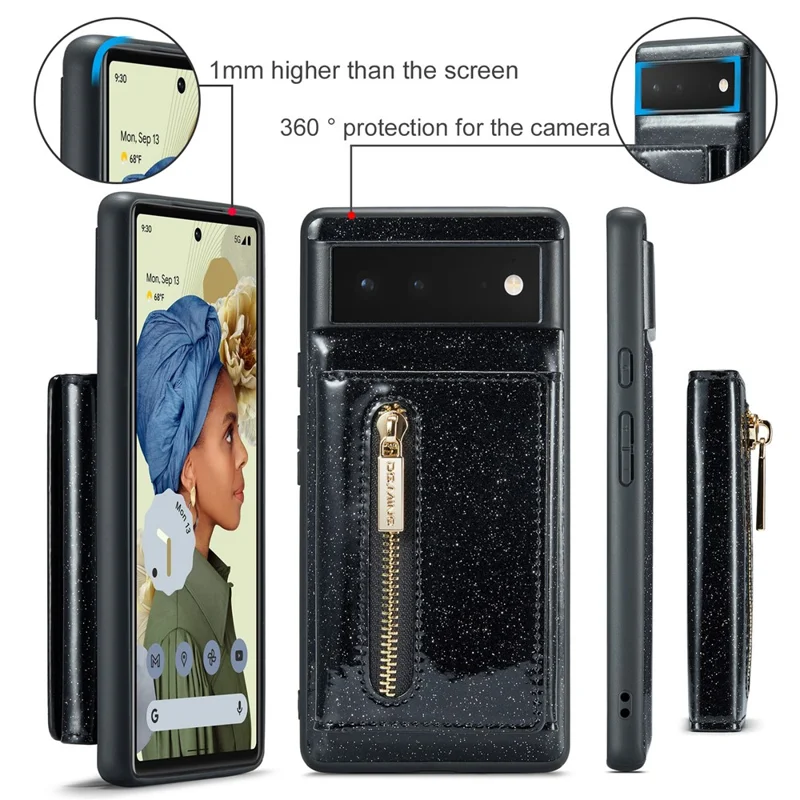 DG.MING M3 Series For Google Pixel 6 2-in-1 Glittery PU Leather Coated PC+TPU Back Case Magnetic Detachable Zipper Wallet Drop Protection Phone Cover with Kickstand - Black