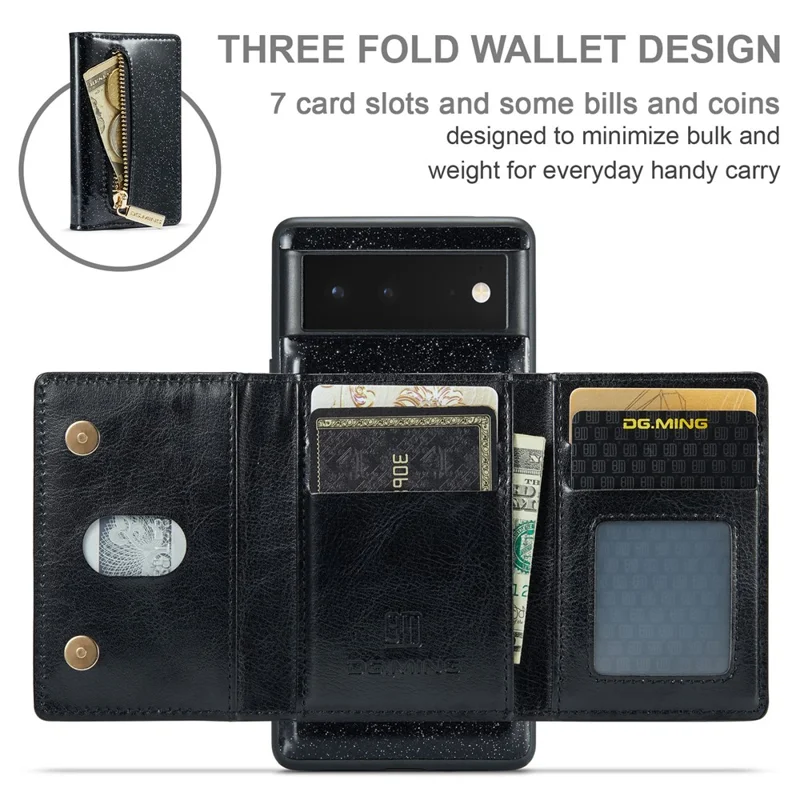 DG.MING M3 Series For Google Pixel 6 2-in-1 Glittery PU Leather Coated PC+TPU Back Case Magnetic Detachable Zipper Wallet Drop Protection Phone Cover with Kickstand - Black