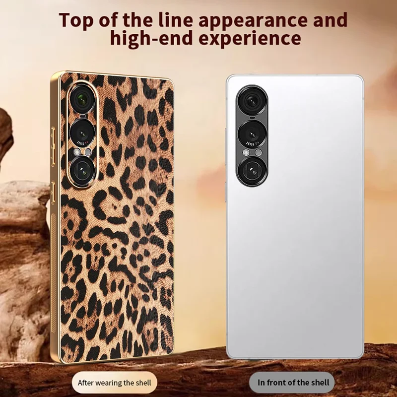 For Sony Xperia 1 VII Case Leopard Print PU Leather Coated PC + TPU Electroplating Phone Cover - Leopard Print