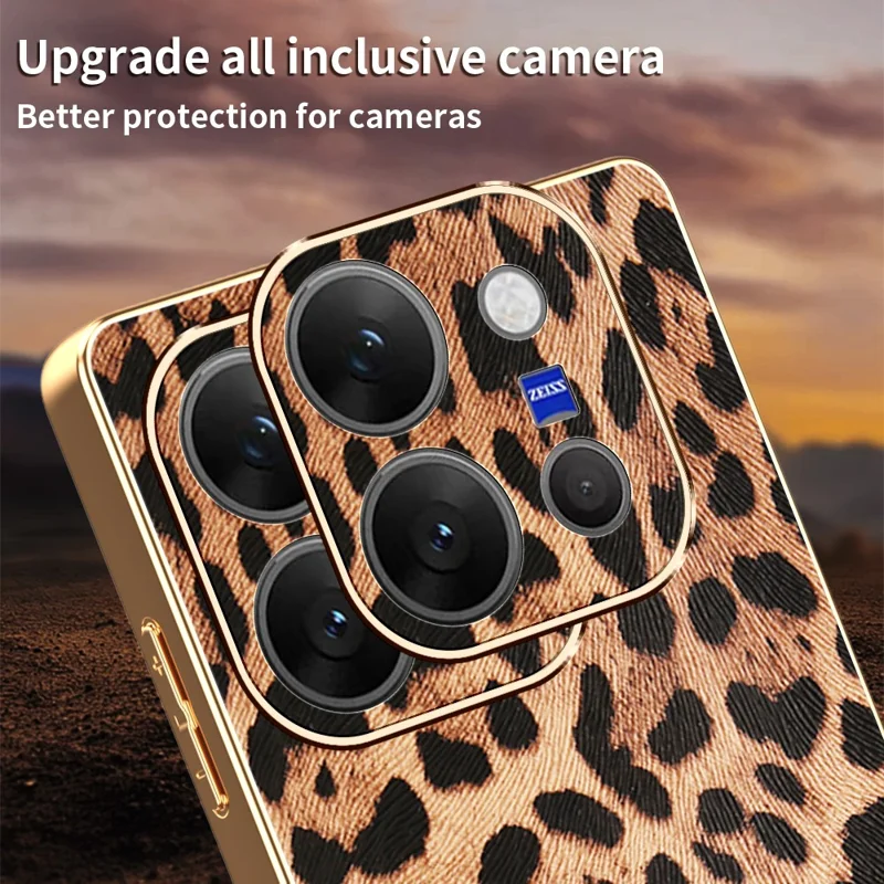 For vivo X300 E 5G Case Leopard Print PU Leather Coated PC + TPU Electroplating Phone Cover - Leopard Print