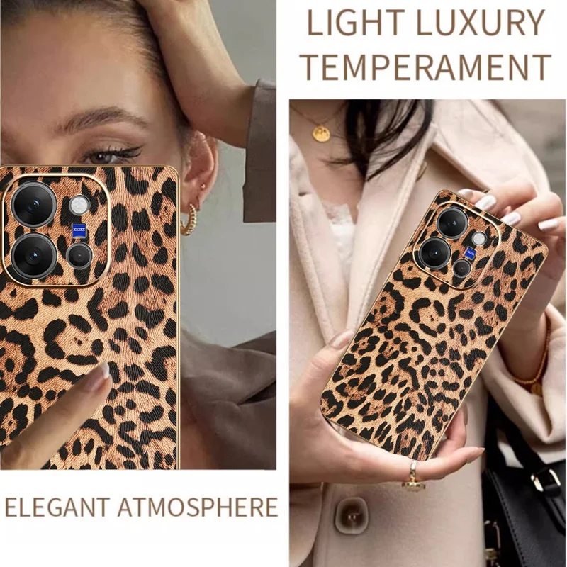 For vivo X300 E 5G Case Leopard Print PU Leather Coated PC + TPU Electroplating Phone Cover - Leopard Print