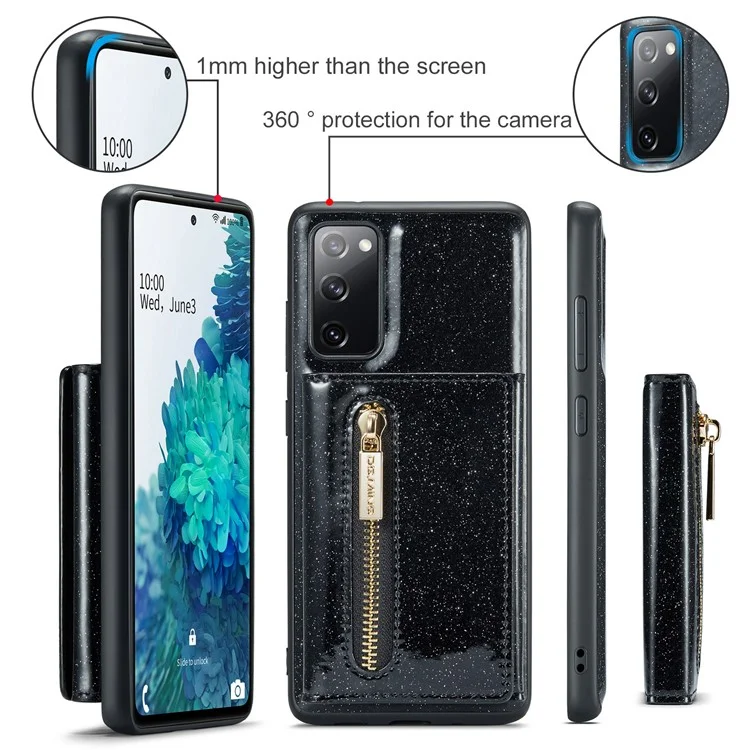 Dg. Ming M3 -serie Für Samsung Galaxy S20 fe 4g / 5g / S20 fe 2022 / S20 Lite 2-in-1 Glitzernde Pu-leder-pc+tpu Back Case Kickstand Design Magnetic Abtrennbare Reißverschluss Brieftasche Telefonabdeckung - Schwarz