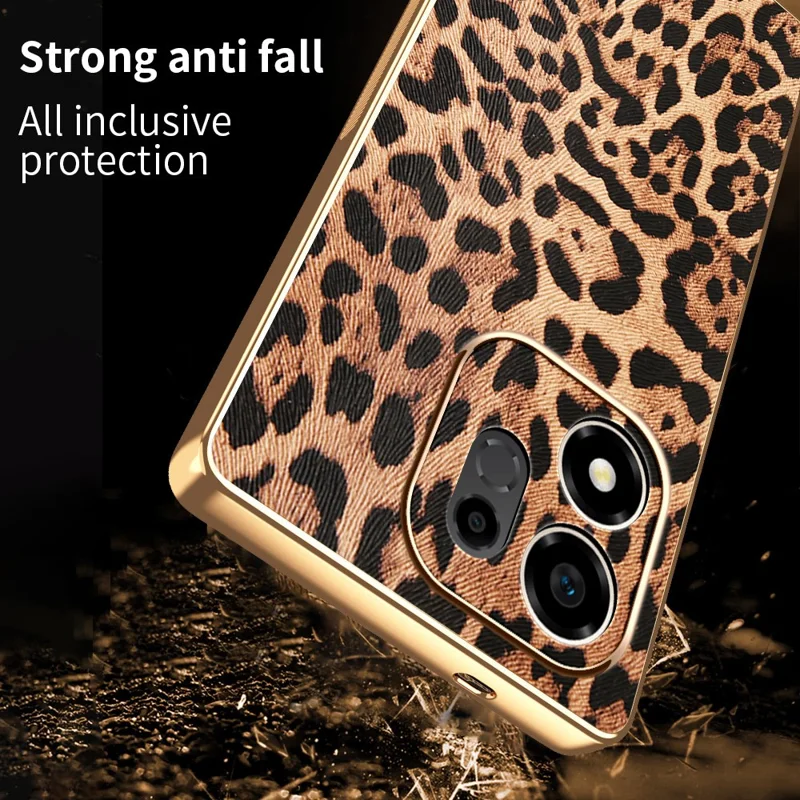 For Honor 600 Smart 5G  /  X7e Plus 5G  /  X7e Plus 4G Case Leopard Print PU Leather Coated PC + TPU Electroplating Phone Cover - Leopard Print