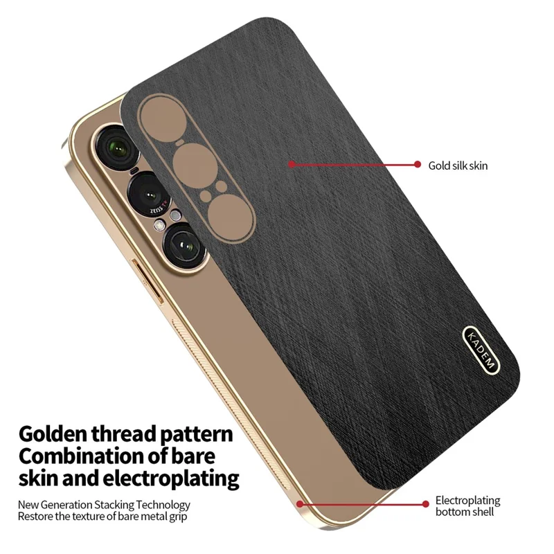 KADEM For Sony Xperia 1 VII Case Electroplating Silk Texture PU + TPU Phone Back Cover - Black