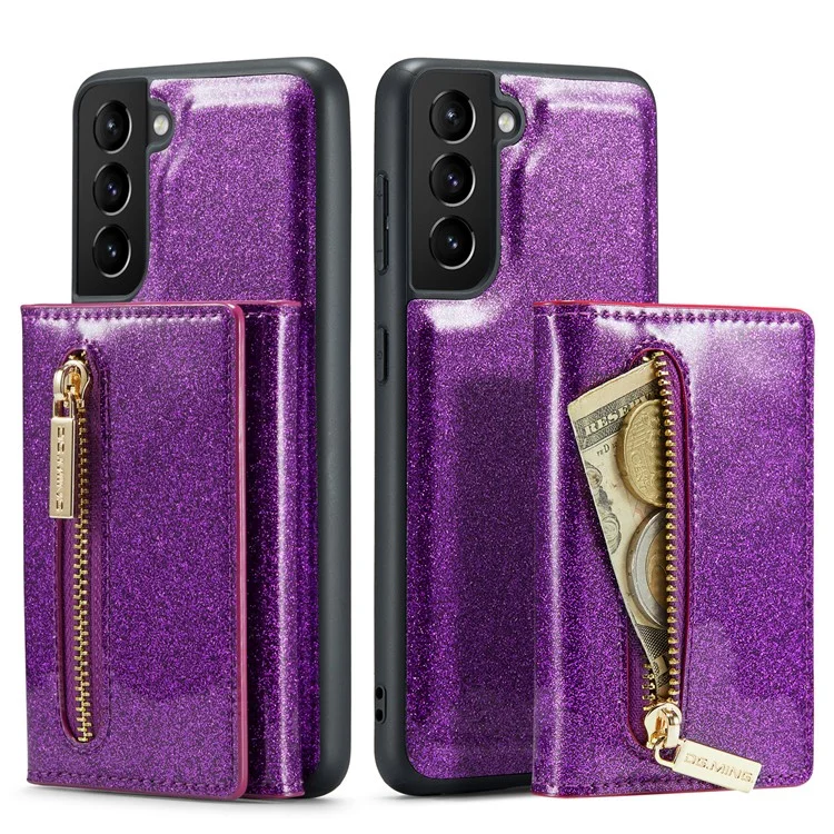 Dg. Ming M3 Series Pour Samsung Galaxy S21 4G / 5G 2-en-1 pc Pailleté en Cuir pc + Tpu Anti-drop Back Case Magnitic Détachenable Portefeuille de Portefeuille de Portefeuille Avec Kickstand - Violet Foncé