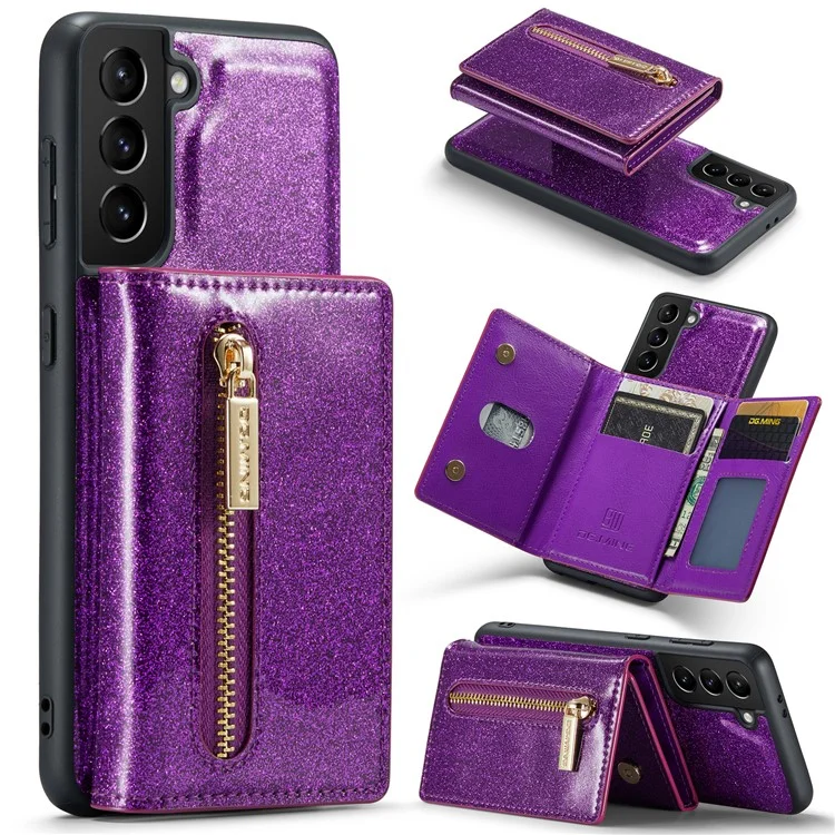 Dg. Ming M3 Series Pour Samsung Galaxy S21 4G / 5G 2-en-1 pc Pailleté en Cuir pc + Tpu Anti-drop Back Case Magnitic Détachenable Portefeuille de Portefeuille de Portefeuille Avec Kickstand - Violet Foncé