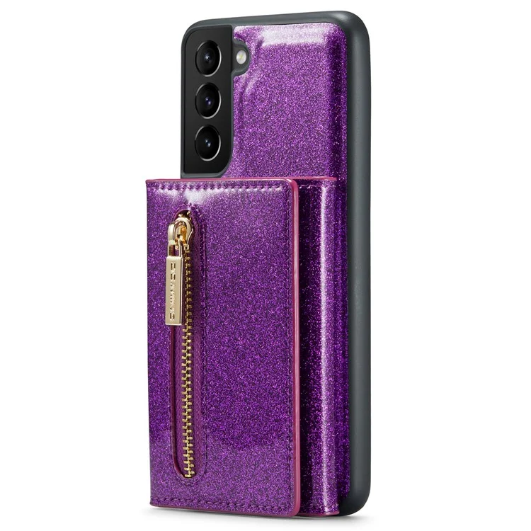 Dg. Ming M3 Series Pour Samsung Galaxy S21 4G / 5G 2-en-1 pc Pailleté en Cuir pc + Tpu Anti-drop Back Case Magnitic Détachenable Portefeuille de Portefeuille de Portefeuille Avec Kickstand - Violet Foncé