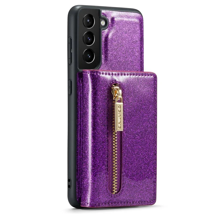 Dg. Ming M3 Series Pour Samsung Galaxy S21 4G / 5G 2-en-1 pc Pailleté en Cuir pc + Tpu Anti-drop Back Case Magnitic Détachenable Portefeuille de Portefeuille de Portefeuille Avec Kickstand - Violet Foncé