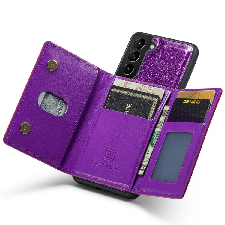Dg. Ming M3 Series Pour Samsung Galaxy S21 4G / 5G 2-en-1 pc Pailleté en Cuir pc + Tpu Anti-drop Back Case Magnitic Détachenable Portefeuille de Portefeuille de Portefeuille Avec Kickstand - Violet Foncé