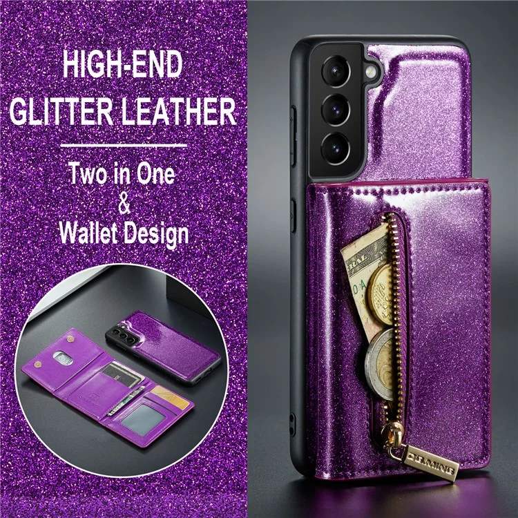 Dg. Ming M3 Series Pour Samsung Galaxy S21 4G / 5G 2-en-1 pc Pailleté en Cuir pc + Tpu Anti-drop Back Case Magnitic Détachenable Portefeuille de Portefeuille de Portefeuille Avec Kickstand - Violet Foncé