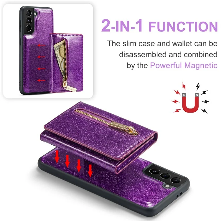 Dg. Ming M3 Series Pour Samsung Galaxy S21 4G / 5G 2-en-1 pc Pailleté en Cuir pc + Tpu Anti-drop Back Case Magnitic Détachenable Portefeuille de Portefeuille de Portefeuille Avec Kickstand - Violet Foncé