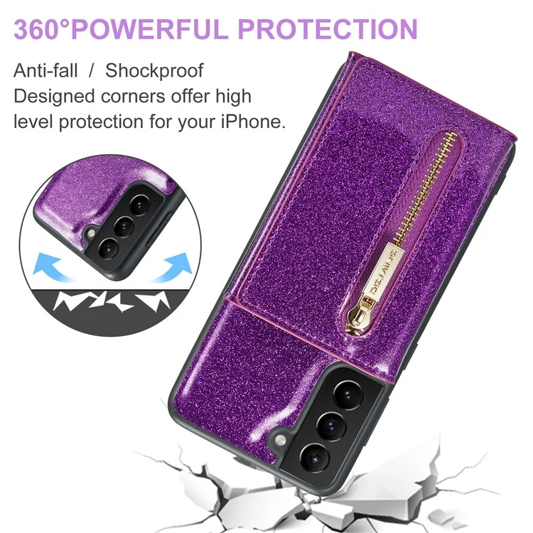 Dg. Ming M3 Series Pour Samsung Galaxy S21 4G / 5G 2-en-1 pc Pailleté en Cuir pc + Tpu Anti-drop Back Case Magnitic Détachenable Portefeuille de Portefeuille de Portefeuille Avec Kickstand - Violet Foncé