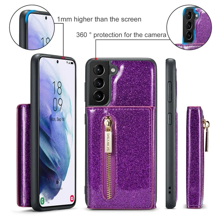 Dg. Ming M3 Series Pour Samsung Galaxy S21 4G / 5G 2-en-1 pc Pailleté en Cuir pc + Tpu Anti-drop Back Case Magnitic Détachenable Portefeuille de Portefeuille de Portefeuille Avec Kickstand - Violet Foncé