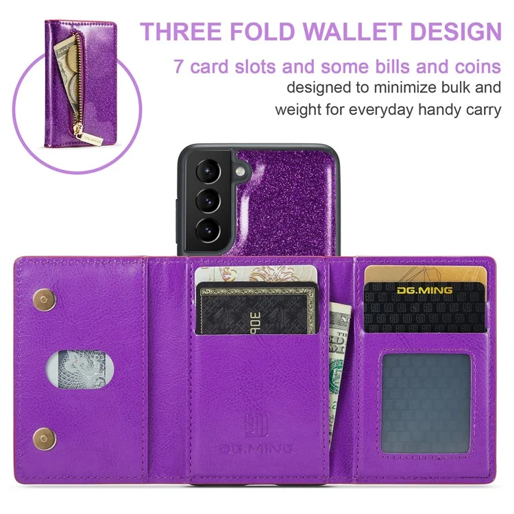 Dg. Ming M3 Series Pour Samsung Galaxy S21 4G / 5G 2-en-1 pc Pailleté en Cuir pc + Tpu Anti-drop Back Case Magnitic Détachenable Portefeuille de Portefeuille de Portefeuille Avec Kickstand - Violet Foncé
