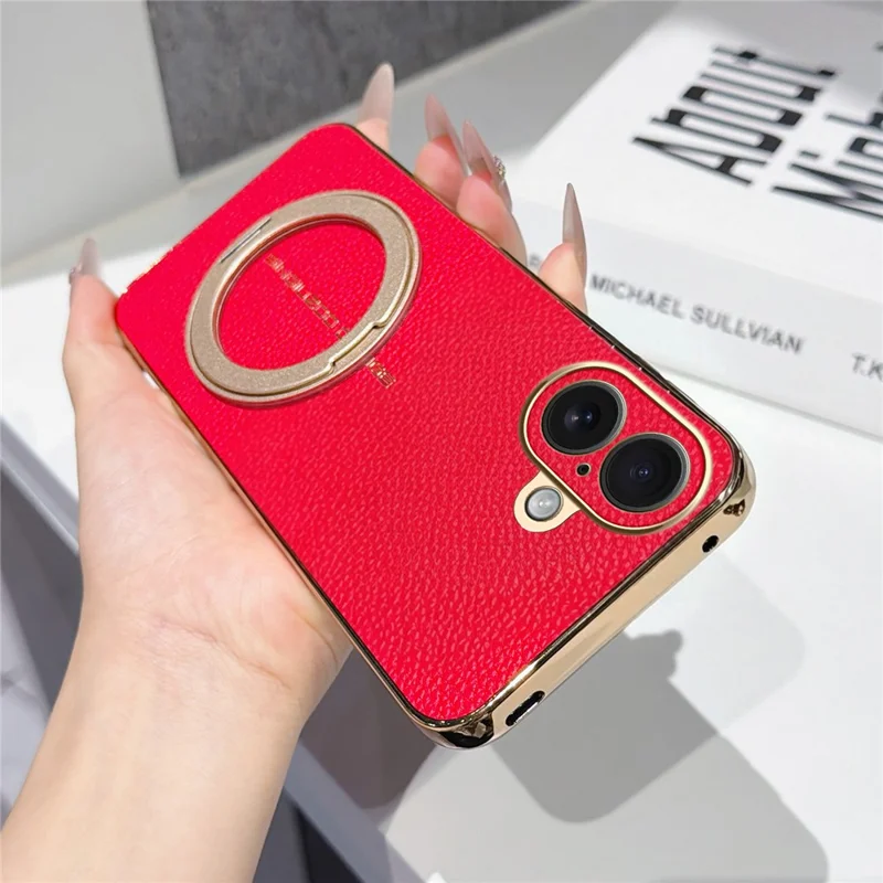 For iPhone 16 Magnetic Case Litchi Pattern TPU PU Cover with Electroplated Metal Ring Kickstand - Red