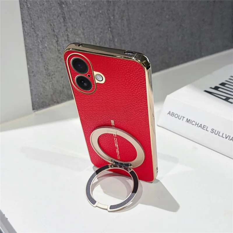 For iPhone 16 Magnetic Case Litchi Pattern TPU PU Cover with Electroplated Metal Ring Kickstand - Red