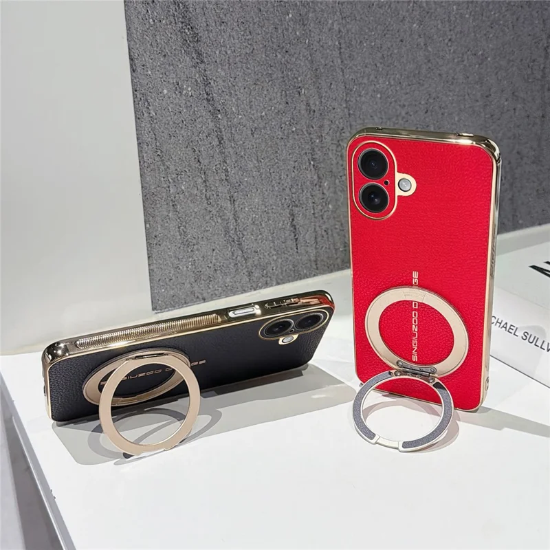 For iPhone 16 Magnetic Case Litchi Pattern TPU PU Cover with Electroplated Metal Ring Kickstand - Red